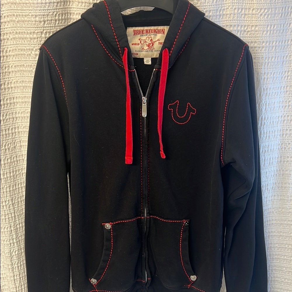 True Religion Black zip up Hoodie with Red Accents